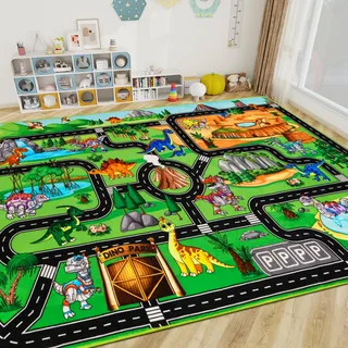 DINSUMRUG Kinderteppich Autospielteppich Roboter-Dinosaurierpark Straße 280×200 cm Dino-Straßenteppich für Spielzeugautos Jurassic-Thema Spielteppich für Kinder, Kleinkinder, Kinderzimmer