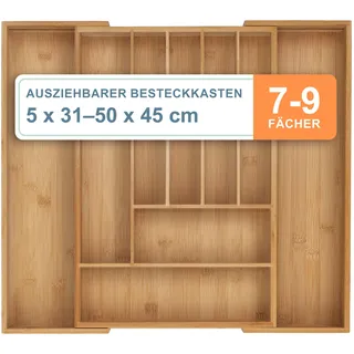 Relaxdays Besteckkasten ausziehbar 7–9 Fächer HxBxT: 5 x 31-50 x 45 cm Bambus Natur