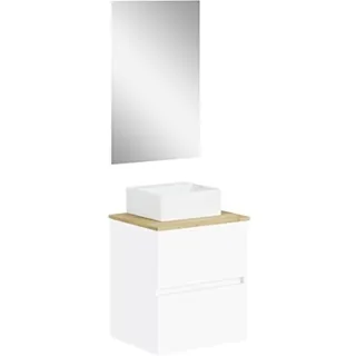 Baikal Natura Badezimmer-Set mit reduziertem Hintergrund, mit Keramik-Waschbecken auf Arbeitsplatte, freistehendes Möbel, montiert, Zwei Schubladen mit Spiegel, 60 cm, Tiefe 39 cm