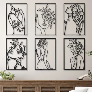 cindeer 6 Stück Schwarz Metall Wanddekoration Moderne Minimalistische Abstrakte Frau Wandkunst Ästhetische Weibliche Wandskulptur Linienzeichnung Hängende Kunst Minimalistische Dekor für Küche Schlafzimmer