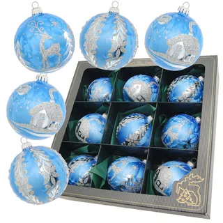 Krebs Glas Lauscha - Weihnachtsdekoration/Christbaumschmuck aus Glas - Weihnachtskugeln - Farbe: Blau Eislack - 9 Stück - Größe: ca. 8 cm