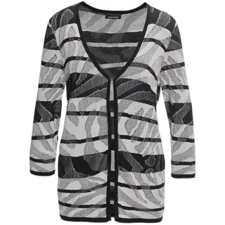 Strickjacke GOLDNER "Kurzgröße Strickjacke mit V-Ausschnitt", Damen, Gr. 22, schwarz (schwarz, weiß, gemustert), Obermaterial: 55% Baumwolle CO. 45% Viskose CV., V-Ausschnitt, Rollkante, Strickjacken Strickjacke, mit attraktiven Rollkanten