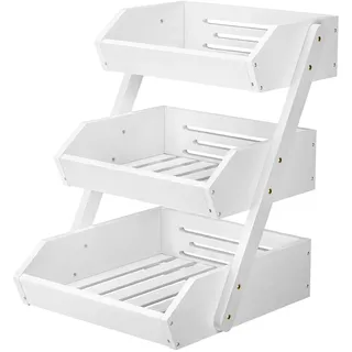 CALM COZY Obstkorb Bambus 3 Etagen, Gemüsekorb Obst Etagere, Aufbewahrung Halter für Obst, Kuchen, Süßigkeiten, Weiß
