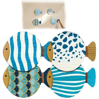 EUYKQNOI 4 Pcs deko fisch,holzfische deko,maritime wanddeko,hölzerne Fisch Wanddekoration,klebende hölzerne Fisch Dekoration Strand Stil Wandkunst,Haus im Freien Strand See Haus Dekor,fischernetz deko