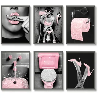 Luodroduo Fashion Wall Art Bathroom Decor Prints Set of 6 Pink Glam Glitter Tissue Canvas Posters Pictures Photos Bathroom Artwork Wall Black and White Modern Women Funny Bathroom (8"x10" UNFRAMED)