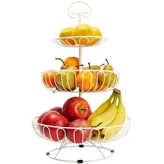 Juvale Obst-Etagere 3-Stöckig aus Metall mit Griff, Dekorativer Obstkorb, Weiß, 46 cm hoch
