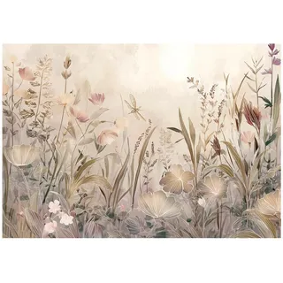 WallArena - Vlies Fototapete botanisch 350x250 cm - Fototapeten - Tapeten - für Wohnzimmer Schlafzimmer - Vliestapete Wandtapete Tapete 3D Effekt- inkl. Kleister - Wiese Blumen Boho Beige