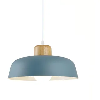 HJXDtech ⌀30cm Pendelleuchte Esstisch, Moderne Bunt Hängeleuchte aus Metall & Holz E27-Fassung, Höhenverstellbar Hängelampe für Küchen, Esszimmer, Schlafzimmer & Wohnzimmer (Nebelblau)
