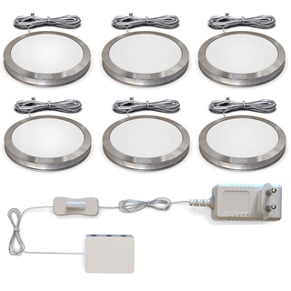 B.K.Licht - 6er Set Unterbauleuchte mit Kabelschalter, warmweiße Lichtfarbe, je 1,8W, Unterbauleuchte Küche, LED Lichtleiste Küche, Schrankbeleuchtung, Küchenlampe, 59x9,5 mm, Aluminiumfarbig