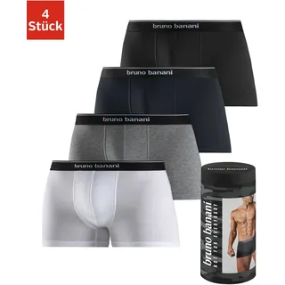 Boxer BRUNO BANANI "Boxershorts für Herren", Herren, Gr. 3XL (9), 4 Stk., bunt (weiß, grau meliert, navy, schwarz), Jersey, Obermaterial: 95% Baumwolle, 5% Elasthan, unifarben, körpernah, Unterhosen Boxer, in der Dose verpackt