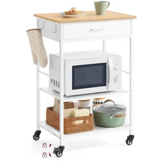 VASAGLE Küchewagen mit Rollen, Schublade, 2 Haken, 47 x 60 x 90 cm | Mobiler Servierwagen mit Stauraum, Kücheninsel, für Esszimmer, eichenbeige-mattweiß, BARNET Kollektion KKI007Y01