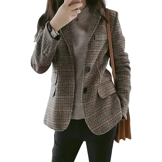 ebossy Damen-Blazer, Vintage-Stil, ohne Revers, einreihig, Hahnentrittmuster, kariert, Jacke mit aufgesetztem Ellenbogen, Khaki-a, L