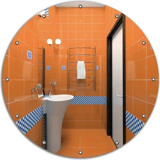 Wallario rundes Outdoor-Poster für Garten oder Balkon, Motiv Modernes Badezimmer in orange mit blauen Fliesen, 90 cm Durchmesser - Braun