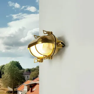 Licht-Erlebnisse Wandleuchte Außen Messing Glas IP64 Terrasse Eingang B:21 cm E27 Riffel Schiffslampe Maritim Rustikale Außenwandlampe Garten SKIATHOS