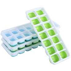 Silikon Eiswürfelform mit Deckel (4 Stück) 14-fach Silikon Eiswürfelbehälter LFGB Zertifiziert & BPA-Frei Grün/Blau Stapelbar Ice Cube