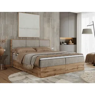 MKS Meble Boxspringbett, Doppelbett mit bettkasten und Multipocket-Matratze, Polsterbett mit Kopfteil, Eiche Holzrahmen - Albero-2 - 200x200cm - Beige Strukt... - Beige