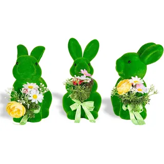 BrilliantJo 3er Set Dekofigur Frühling Dekoration Muttertagsgeschenk Hase mit Schleife und Blumen grüne Hasenfigur für Frauen Innenbereich Garten Deko