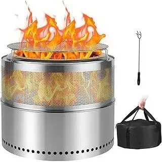 SMOOL 50cm Rauchfreie Feuerschale mit Grillrost + Schürhaken + Mehrzwecktasche, Abnehmbarer Aschekasten, Edelstahl Feuerstelle für Terrasse, Garten, Camping & Outdoor, Tragbar, Raucharm
