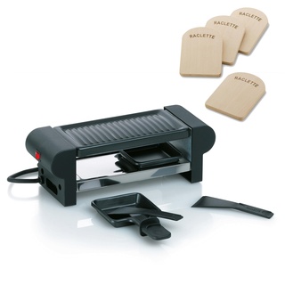 kela Raclette-Set, Raclette mit Grillplatte, Stahl antihaftbeschichtet, Für 2 Personen, 350 W, 230 V, Bernina, 66490 und Raclette-Brettchen Baar, 4-teilig, Buchenholz, hellbraun, 77937