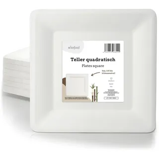 wisefood Zuckerrohr Teller - 50 Stück Bagasse Einwegteller quadratisch 26cm - Einmal Pappteller ideal als Partyteller oder Speiseteller - Nachhaltiges Zuckerrohr Geschirr ohne PLA/PE