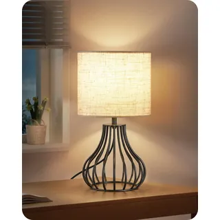 GOEBLESON Kleine Nachttischlampe, moderne Tischlampe mit Metallkäfigbasis und Leinenschirm, Fensterbank Lampe, mit E27 4W LED Birne, für Schlafzimmer, Wohnzimmer, Beige und Schwarz ZE10TLD05N1