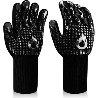 Reinalin Grillhandschuhe Hitzebeständig bis 800°C, Ofenhandschuhe Topfhandschuhe Feuerfeste Handschuhe BBQ Handschuhe Kochhandschuhe Backhandschuhe Backofenhandschuhe (L/XL/XXL, Schwarz)