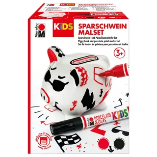 Marabu 0125000000100 - KiDS Porcelain & Glas Painter, Sparschwein Malset, lustiges Porzellanschwein zum Bemalen und Verzieren mit Porzellanmalstiften für Kinder, Rot