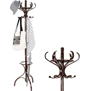 HOMASIS 182cm Kleiderständer, Garderobenständer mit 12 drehbaren Haken & Schirmständer, Jackenständer Garderobe aus holz für Mänteln, Hüten & Taschen, Standgarderobe für Schlafzimmer & Flur (Braun)