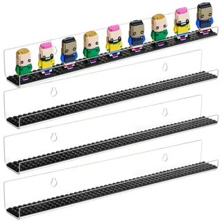 4 Stück Acryl Wandregal Vitrine Kompatibel mit Lego Minifigur Schwebende Wandregale für Figuren Regal Acryl Vitrine Hängend für Minifiguren Regal–Schwarze Grundplatte–Platz für 96 Figuren