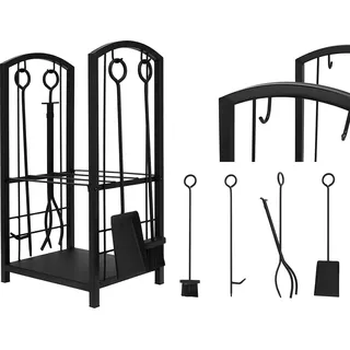Holzkorb mit Kaminbesteck Korb Besteck Kaminzubehör schwarz Edelstahl 8785 - Schwarz