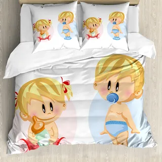 ABAKUHAUS Geschlecht Decken Bettbezug, Glückliche Babys Spielen, Milbensicher Allergiker geeignet mit Kissenbezügen, 200 cm x 200 cm - 80 x 80 cm, Mehrfarbig