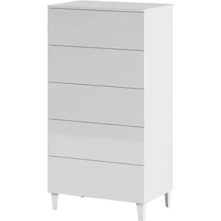 Habitdesign, Kommode mit 5 Schubladen – Moderne Hochglanz-Kommode in Weiß für Schlafzimmer oder Büro, mit Füßen, platzsparender Schubladenschrank, Maße: 61 x 117 x 40 cm (B x H x T), Modell Loft