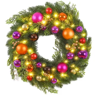 Ulinek Türkranz Weihnachten Batterie [40LED 40cm] Weihnachtskranz Haustür mit Beleuchtung künstlichen Tannennadeln Bunte Weihnachtskugeln Lichterkranz Adventskranz für Tür Treppe Schaufenster