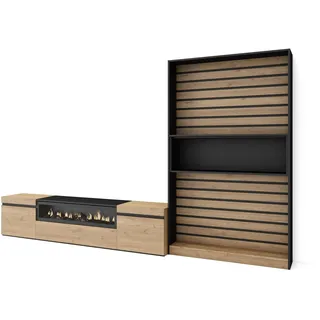 Skraut Home Wohnzimmermöbel für TV | Esstisch-Set | 210 x 186 x 35 cm | für Fernseher bis 80 Zoll | elektrischer Kamin | moderner Stil | Eiche und Schwarz