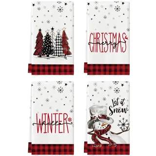 Artoid Mode Rot Schwarz Büffelkaro Schneemann Bäume Weihnachten Küchentücher Geschirrtücher, 42x65 cm Schneeflocken Deko Polyester Handtücher 4er Set