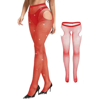 comeondear Rote Strumpfhose Ouvert Damen Glitzer Netzstrumpfhose Glänzende offene Strapsstrümpfe Halterlose Strapse Strümpfe Netzstrümpfe Fishnet Stockings Transparent Pantyhose Crotchless Rot,XS-M
