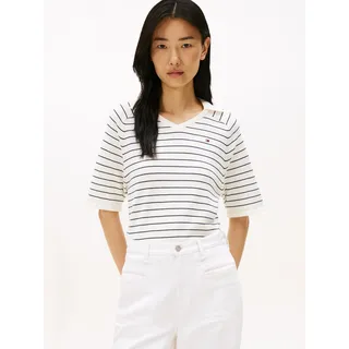 Strickpullover TOMMY HILFIGER "CO JERSEY STCH POLO V-NK S/S SWT", Damen, Gr. M (38), ivory silk, schwarz night navy fine stp, Strick, Obermaterial: 100% Baumwolle, gestreift, regular fit, V-Ausschnitt, Pullover Strickpullover