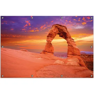 Wallario Outdoor-Poster für Garten oder Balkon, Motiv Steinbogen vor einem farbenfrohen Himmel in lila-rot, in ca. 100 x 150 cm - Rot