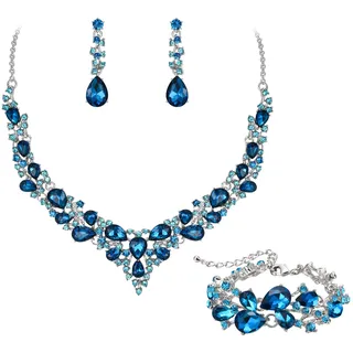 EVER FAITH Statement Halskette Ohrringe und Armband Set für Damen österreichische Kristall Tropfen Cluster Schmuckset Hell-Blau Silber-Tone