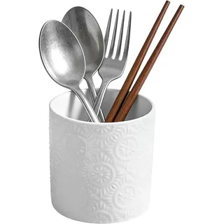 Kaiyzo Küchenutensilienhalter Keramik Weiß Relief Behälter für Küchenutensilien Küchenutensilien Aufbewahrung für Kochlöffe/Besteck/Essstäbchen/Küchen Utensilien, Durchmesser 10 cm, Höhe 10,6 cm
