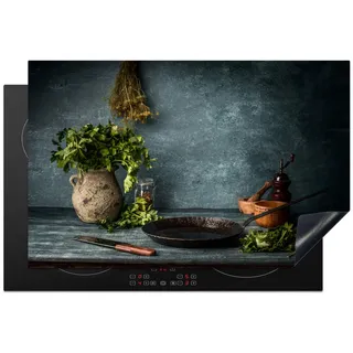 MuchoWow Herdabdeckplatte Kräuter - Gewürze - Pfanne - Messer - Grau - Rustikal 81x52 cm , Petrol , Kunststoff , Rechteckig , 81x52x0.2 cm , Made in Europe , Küchen, Küchenelektrogeräte, Herde, Herdabdeckplatten