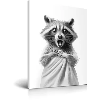 HesenDot Waschbär Handtuch Badezimmer Wandbild, 30x40cm Tierkunst Leinwandbild, Lustiges Tier Poster mit Rahmen, Schwarz-Weiß Humorvolle Wanddeko für Bad Kinderzimmer Gäste-WC
