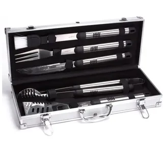 MSV Edelstahl Profi Grillbesteck, Barbecue Grillset BBQ Besteck im Alukoffer (5-teilig)