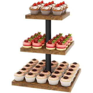 IBUYKE Cupcake-Ständer mit 3 Ebenen,Cupcake-Turm aus Holz,Quadratischer Dessertständer Tortenständer,Muffinständer, Dessertbaum für Weihnachten, Geburtstag, Hausparty, Hochzeit,Braun TLJ014H