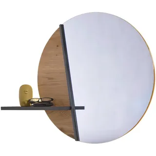 Voglauer Wandspiegel , Graphitfarben, Wildeiche , Holz, Glas, Holzwerkstoff , Wildeiche , furniert, mehrschichtige Massivholzplatte (Tischlerplatte) , rund , 84x70x20.3 cm , Goldenes M, Made in Austria , Ablage , Garderobe, Garderobenspiegel