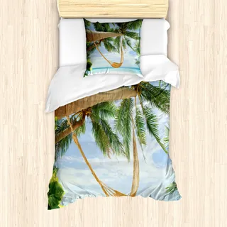 ABAKUHAUS Strand Mantele, Ozean Sandy Shore Palm, Milbensicher Allergiker geeignet mit Kissenbezügen, 135 cm x 200 cm - 80 x 80 cm, Grüne Sahne Blau - Blau