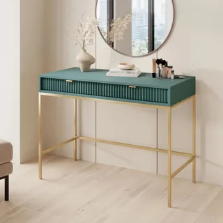 Schminktisch Kioto 104 cm Grün & Gold – Rillenfront, Goldene Griffe, 2 Schubladen, Luxus - Grün, Gold