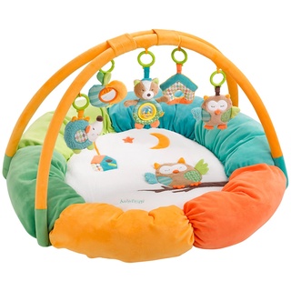 Fehn 3-D-Activity-Nest Spielbogen Eule – Baby Krabbeldecke rund mit 5 abnehmbaren Spielzeugen zum Greifen – Spieldecke für Babys und Kinder ab 0+ Monaten – Krabbelmatte als Geschenk zur Geburt