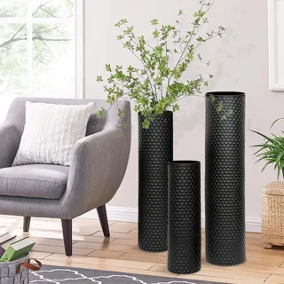 Bodenvase Groß Schwarz, Metall Bodenvasen für Wohnzimmer 70/55/40cm, Bodenvase Große Set of 3, Moderne Wabenstruktur Extra Große Hohe Bodenvasen, Metall Standvase für Wohnzimmer Kamin Flur Ecke Büro