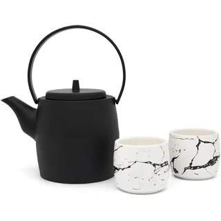 gusseiserne Asia Teekanne 1.2 Liter - Tee Set mit 2 Porzellan Teebecher - 3-teiliges Geschenk-Set